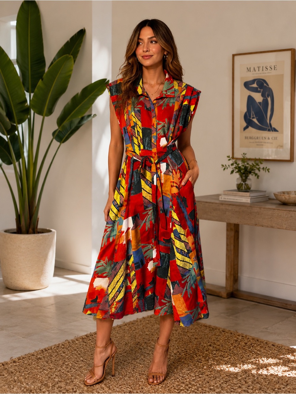 Moon orchid Red Tropical Maxi Shirt Dress with Self-Tie Belt